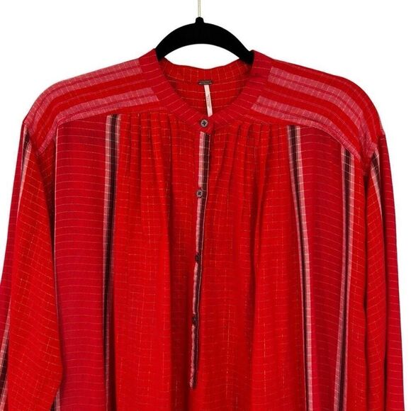 FREE PEOPLE LONG SLEEVE YARN DYE LUREX TUNIC TOP Red Orange Size XS - Picture 3 of 12